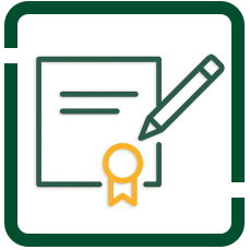 Outline icon of certificate and pencil in green and gold, without a border