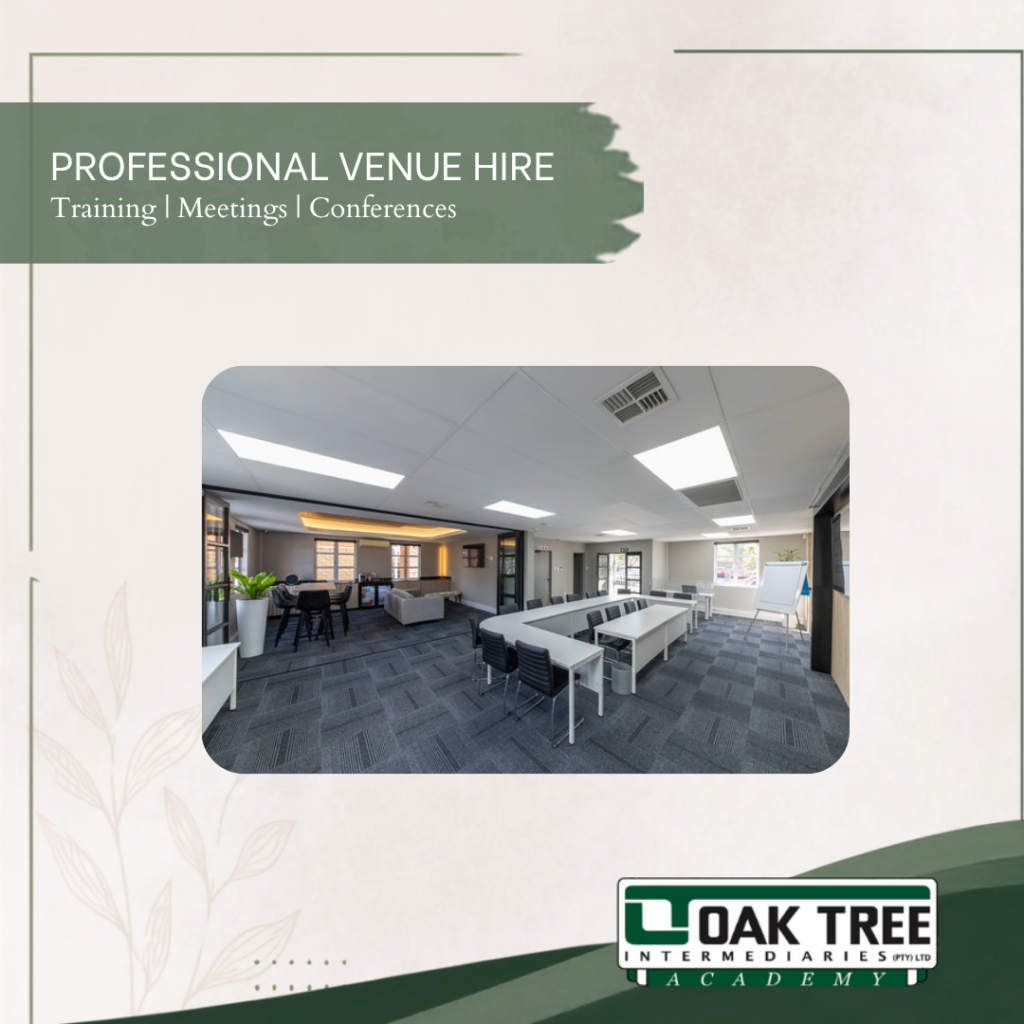 Simple Hiring Post - Oak Tree Academy Brochure cover for Professional Venue Hire featuring a modern conference room with long white tables set for meetings, and the Oak Tree Academy logo in the corner.