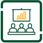 Outline icon of three people at a table with a presentation screen showing a bar graph