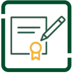 Outline icon of certificate and pencil in green and gold, without a border